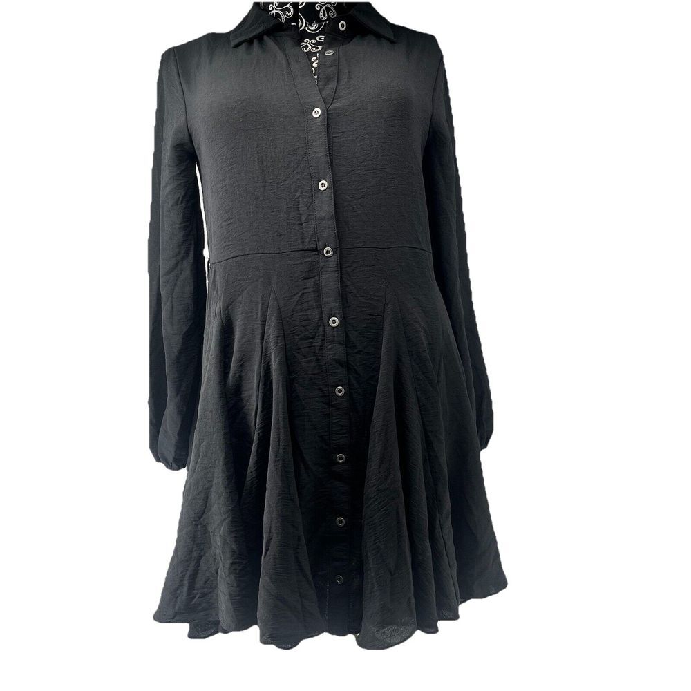 Hem & Thread Shirt Dress Long Sleeve Button Down Fit & Flare Black Pleated  S‎